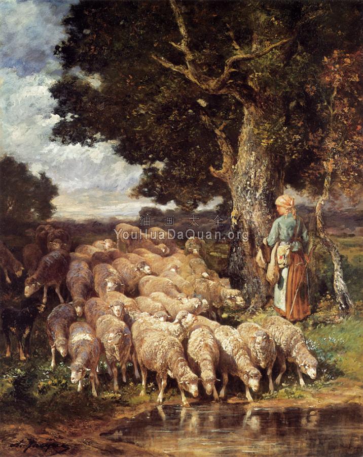 A Shepherdess with her Flock near a Stream - 埃米尔·查尔斯·雅克